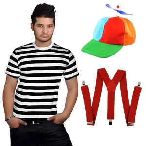 Men's Alice in Wonderland Tweedle Dee & Dum Costume Set: Striped T-Shirt, Helicopter Hat & Red Braces - Book Week Fancy Dress