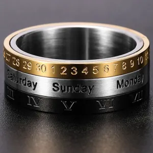 Men's Anxiety Rotatable Calendar Finger Ring with Time , Week and Mood Numerals