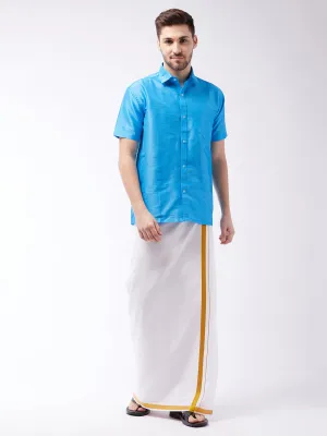 Men's Aqua Blue And White Silk Blend Shirt And Mundu - Vastramay