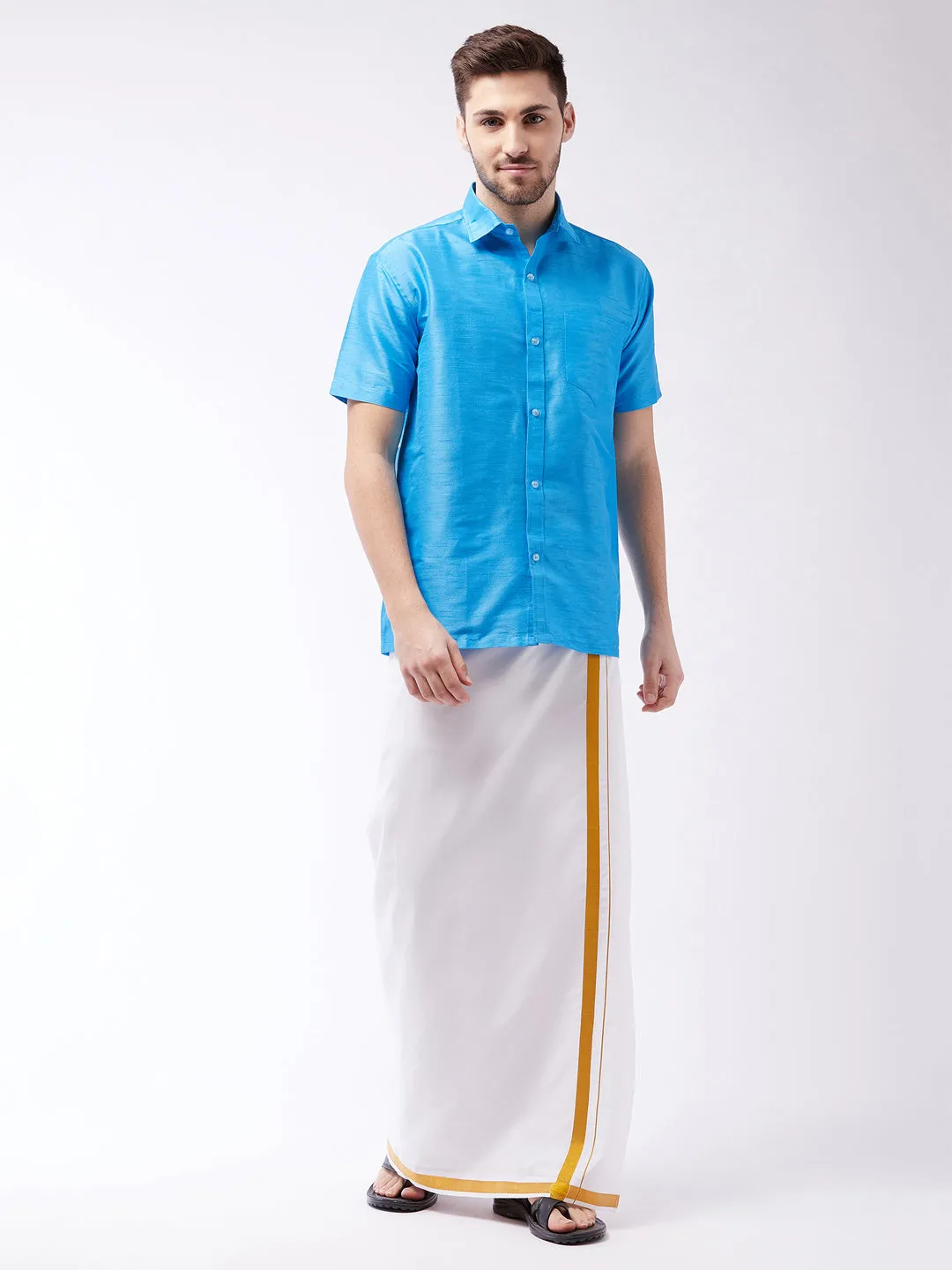 Men's Aqua Blue And White Silk Blend Shirt And Mundu - Vastramay