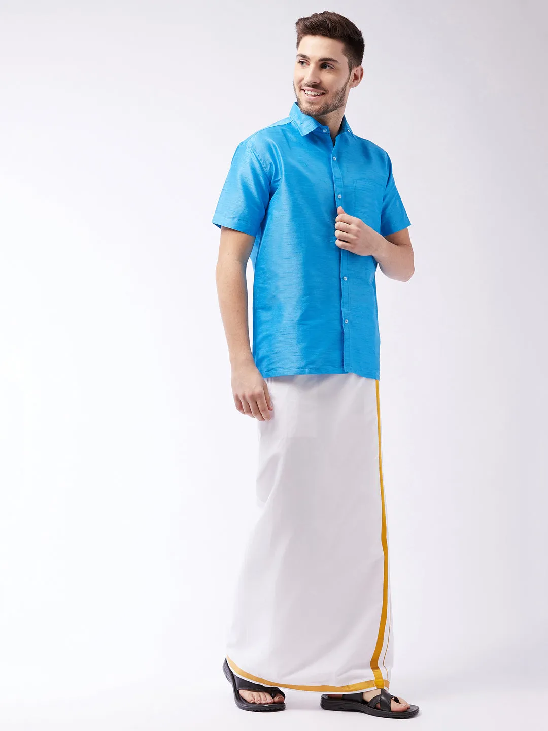 Men's Aqua Blue And White Silk Blend Shirt And Mundu - Vastramay