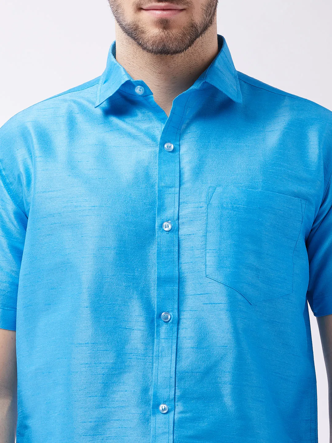 Men's Aqua Blue And White Silk Blend Shirt And Mundu - Vastramay