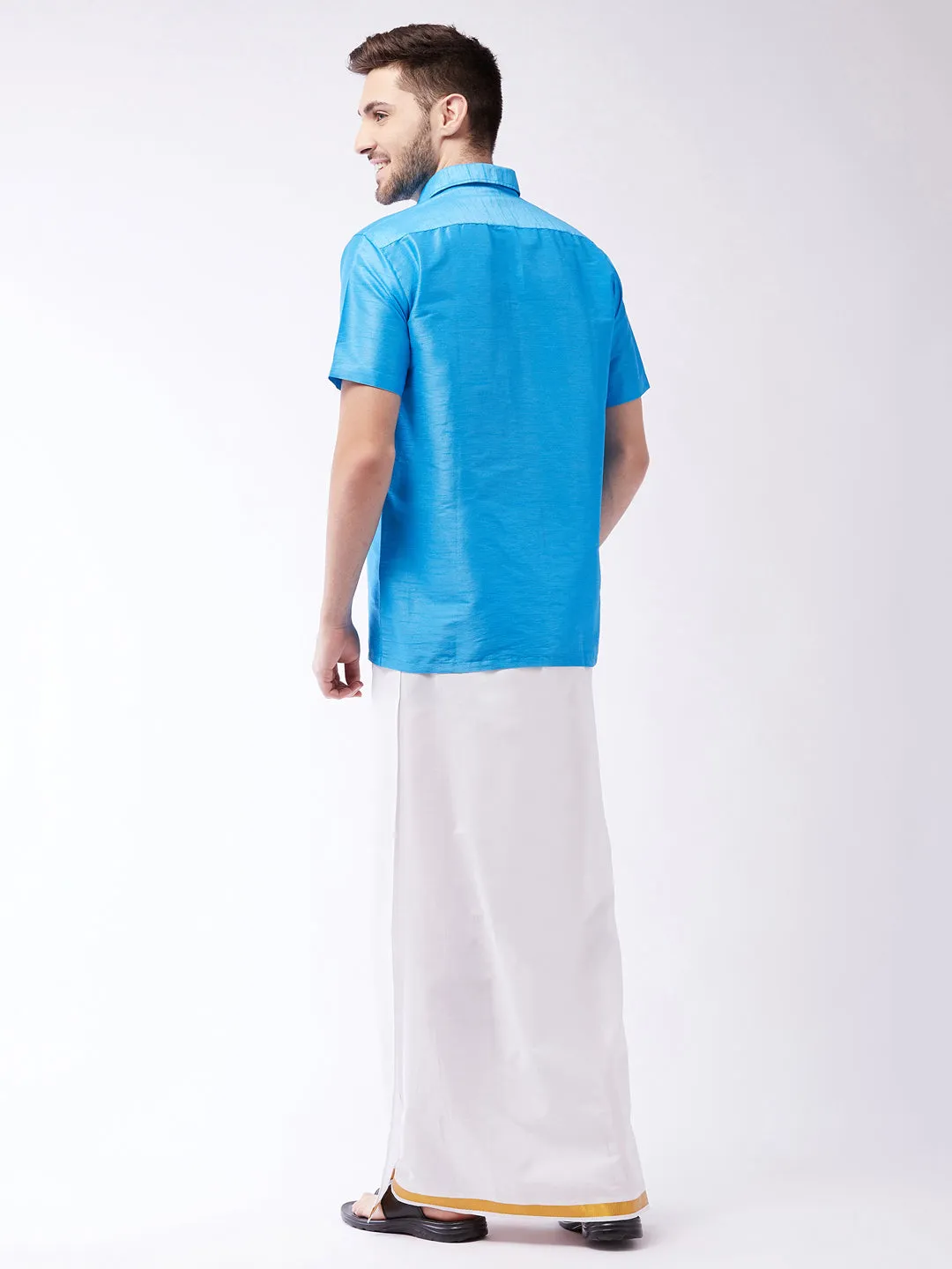 Men's Aqua Blue And White Silk Blend Shirt And Mundu - Vastramay