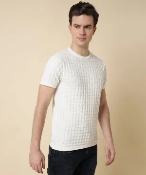 Men's Arctic White Round Neck Halfsleeve Knit Tshirt