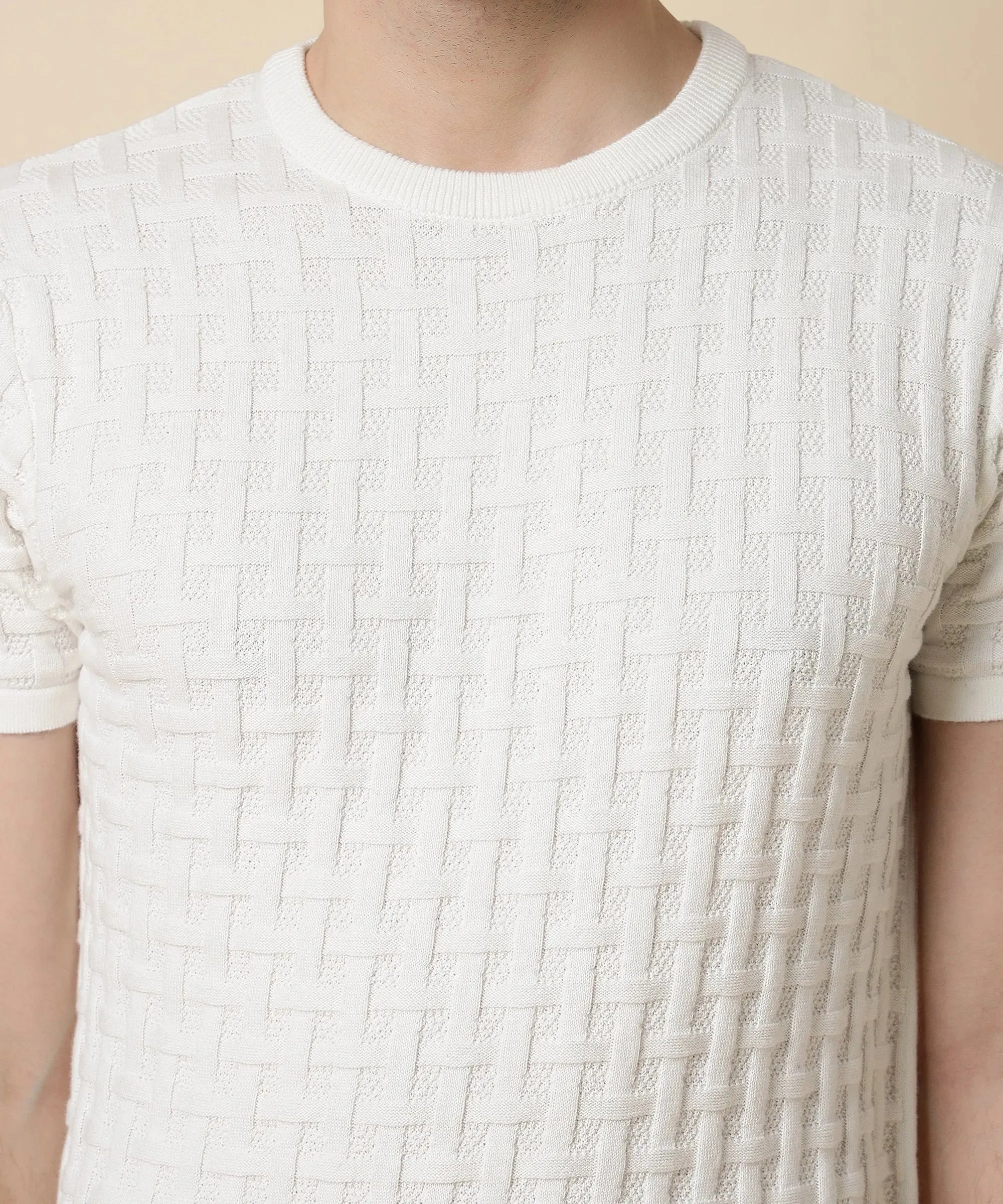 Men's Arctic White Round Neck Halfsleeve Knit Tshirt