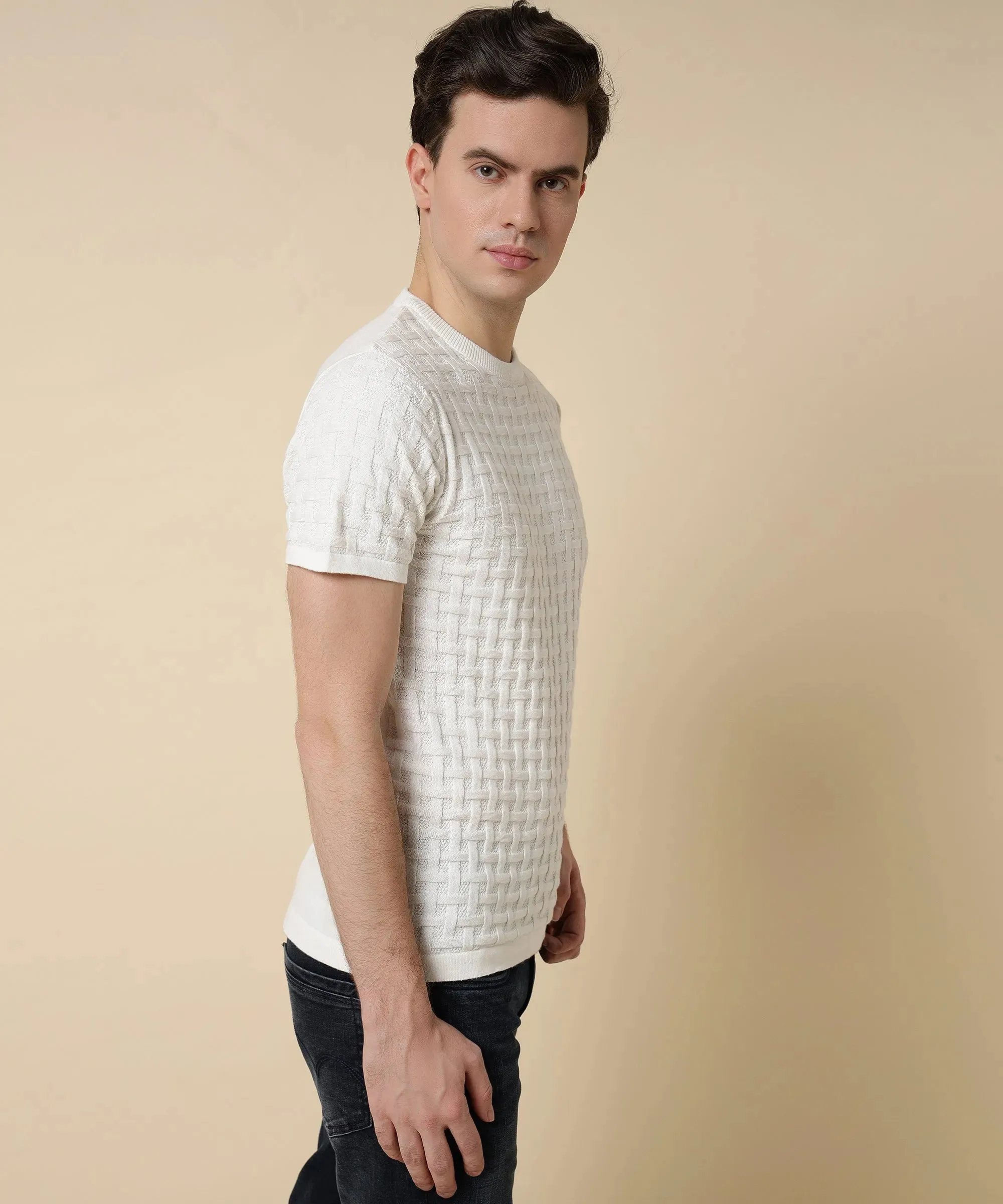 Men's Arctic White Round Neck Halfsleeve Knit Tshirt