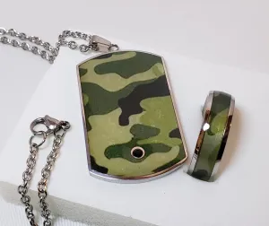 Men's Austrian Crystal & Stainless Steel "Camouflage" Ring & Dog Tag Pendant on 24" Chain Set