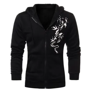 Mens Autumn Slim Hooded Fleece Hoodies Dragon Tattoo Printed Jacket Casual Cardigan Zipper Sweatshirt