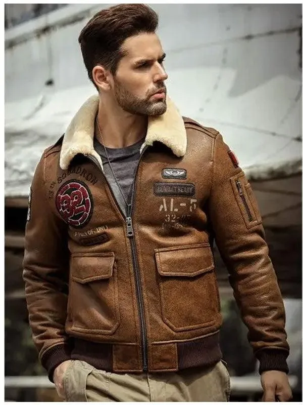 Men's B3 Flying Leather Shearling Bomber Jacket with Embroidered Design