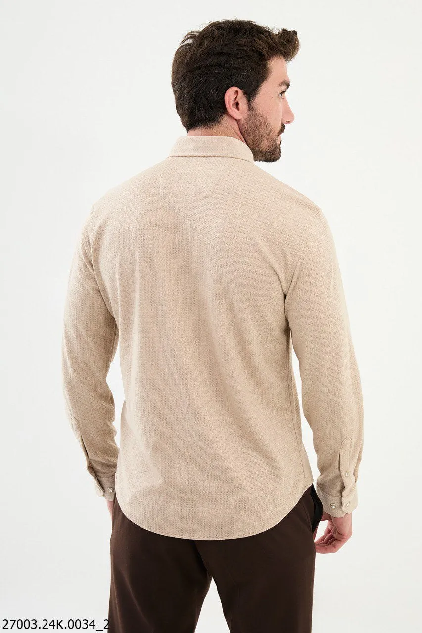 Men's Beige Button-Down Shirt.