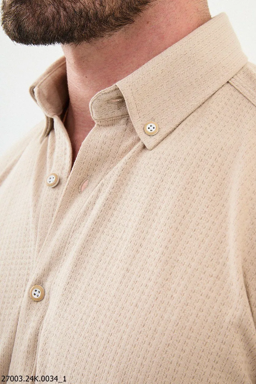 Men's Beige Button-Down Shirt.