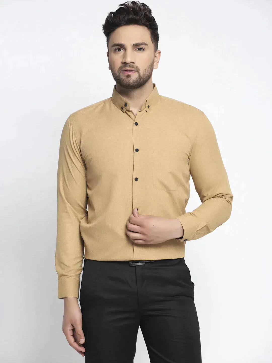 Men's Beige Cotton Solid Button Down Formal Shirts - Taantav