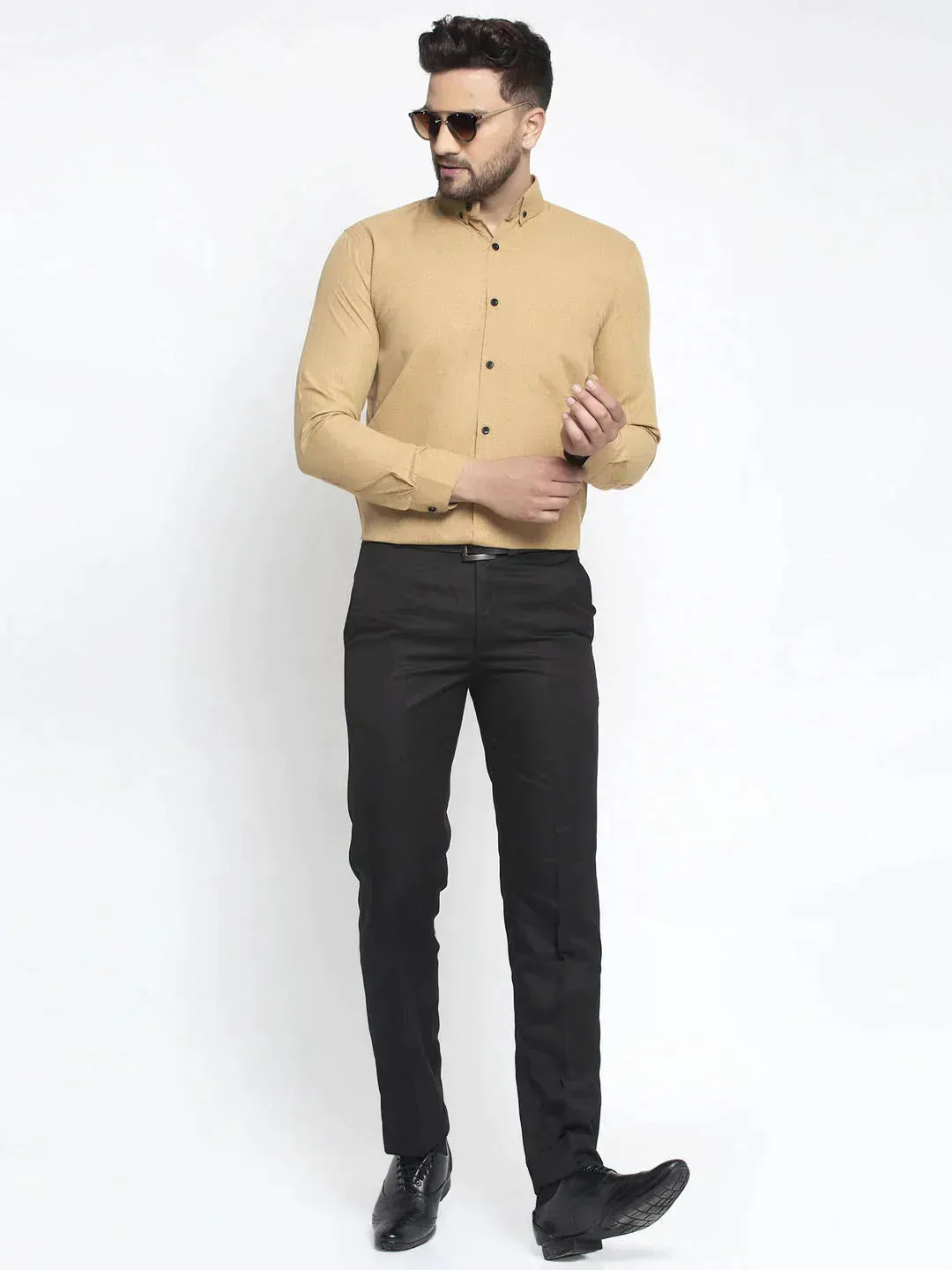 Men's Beige Cotton Solid Button Down Formal Shirts - Taantav