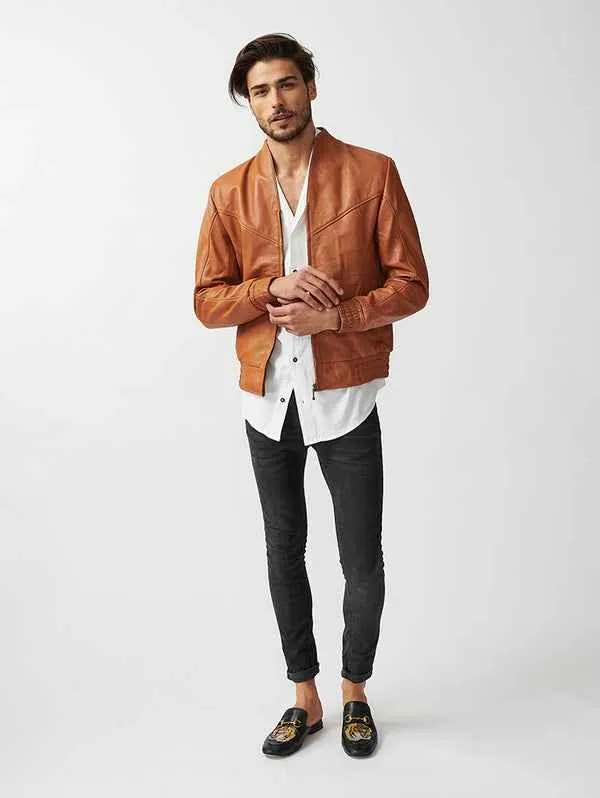 Mens Berlin Collarless Leather Jacket