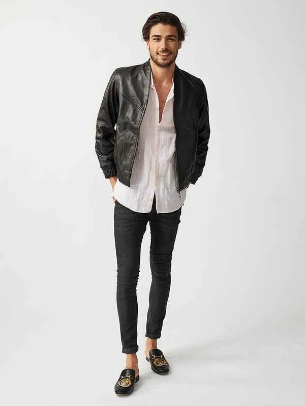 Mens Berlin Collarless Leather Jacket