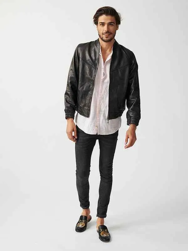 Mens Berlin Collarless Leather Jacket