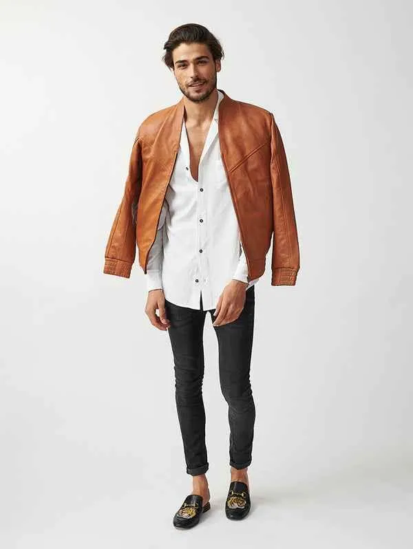 Mens Berlin Collarless Leather Jacket