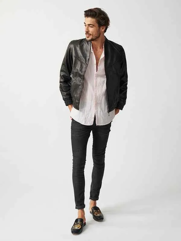 Mens Berlin Collarless Leather Jacket