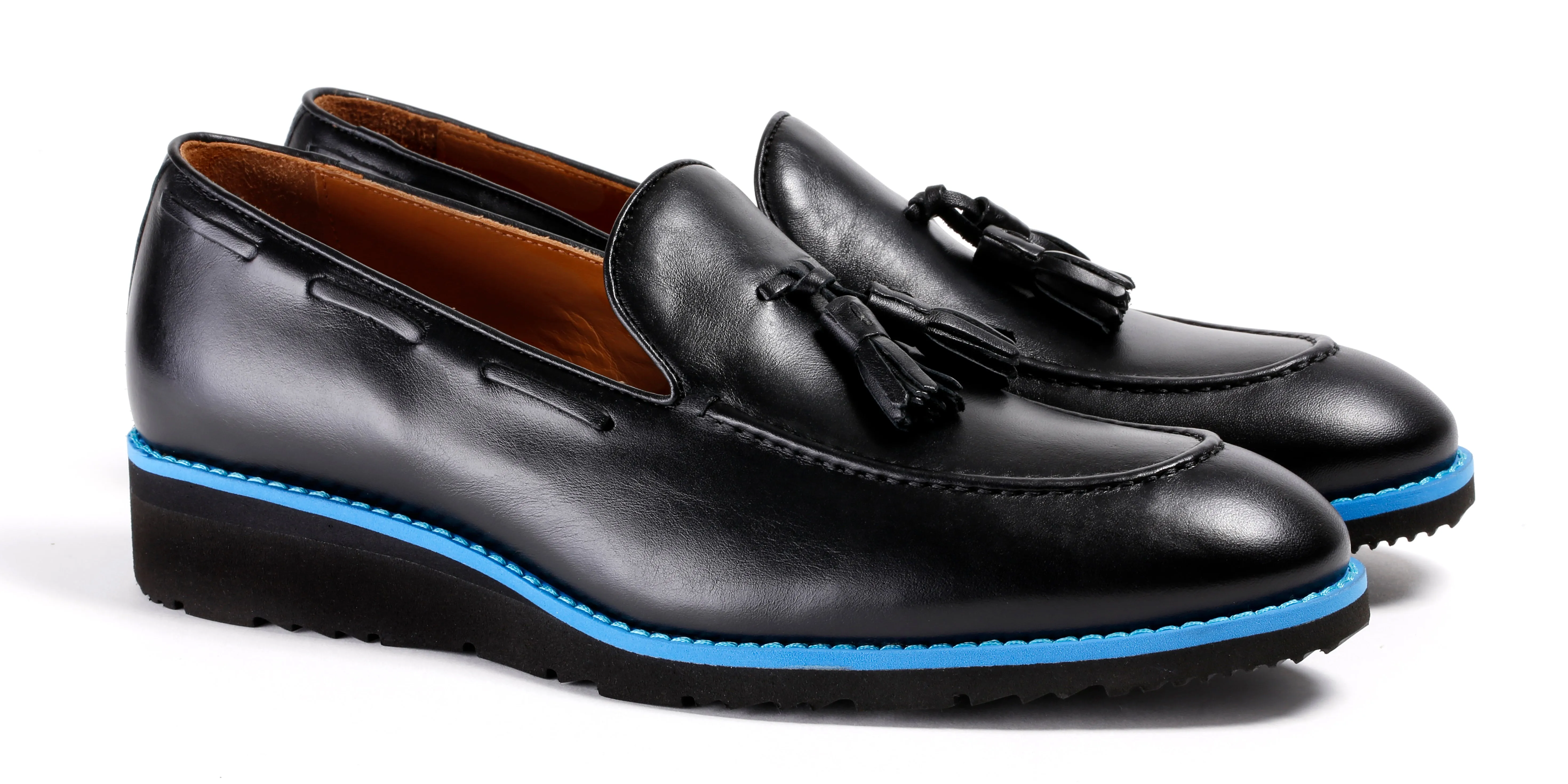 Men's Black & Blue Accented Tassel Loafer with Black Wedge Sole (EX-182)