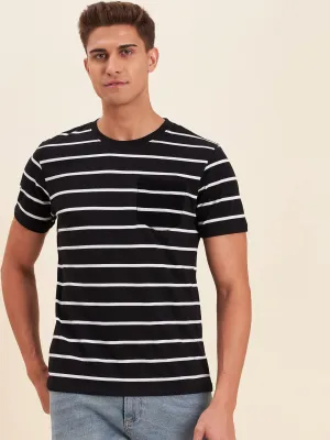 Men's Black & White Stripes Pocket Cotton T-Shirt - LYUSH-MASCLN