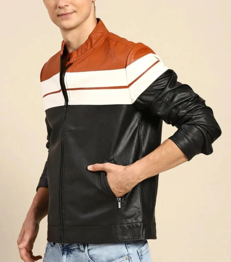 Men's Black and Brown Casual Leather Jacket