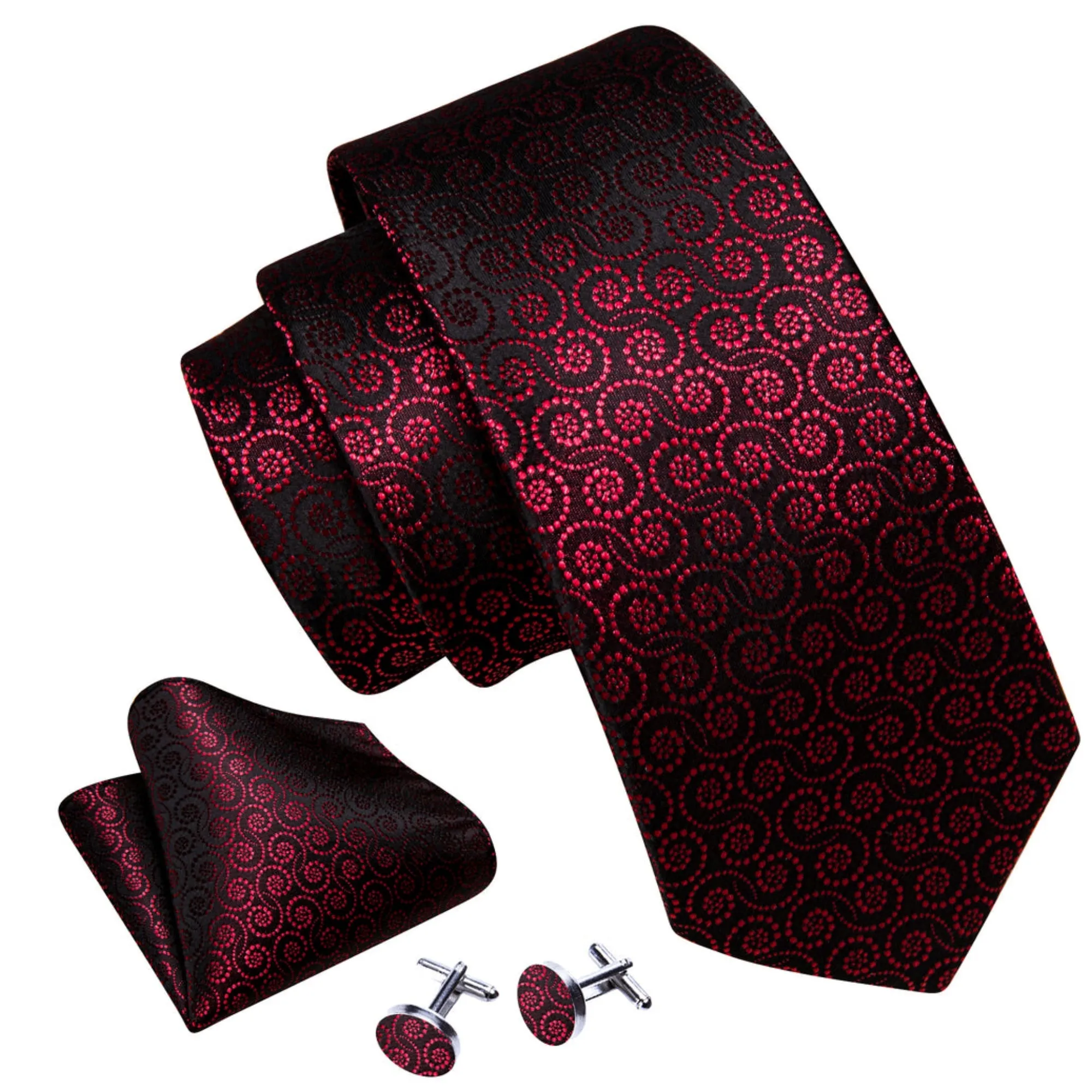 Men's Black And Red Novelty Floral 100% Silk Neck Tie With Matching Hanky And Cufflinks Set