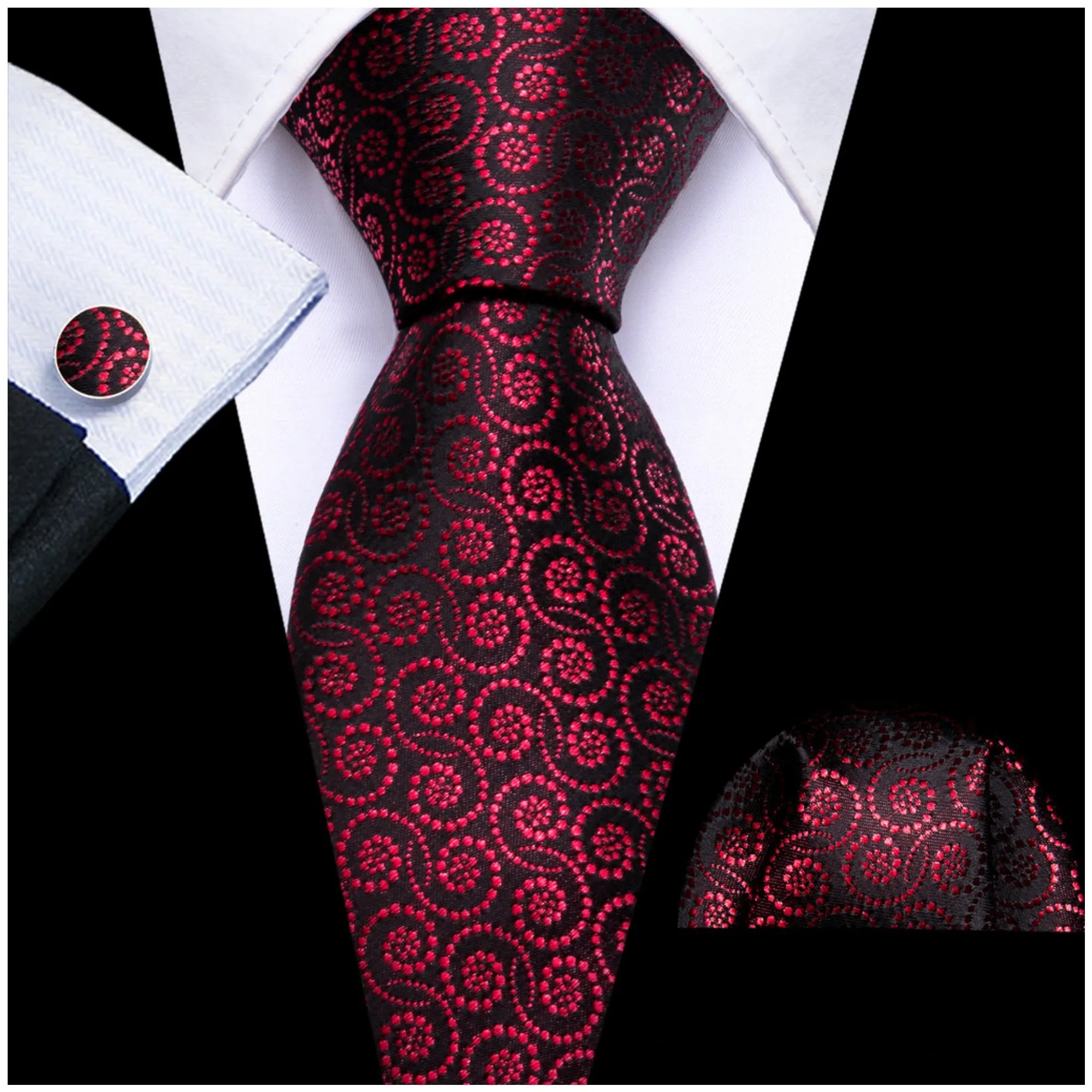 Men's Black And Red Novelty Floral 100% Silk Neck Tie With Matching Hanky And Cufflinks Set