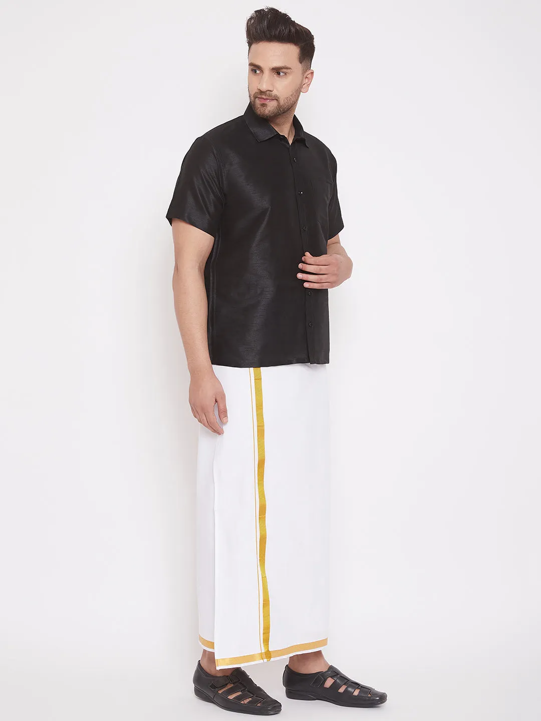 Men's Black And White Silk Blend Shirt And Mundu - Vastramay