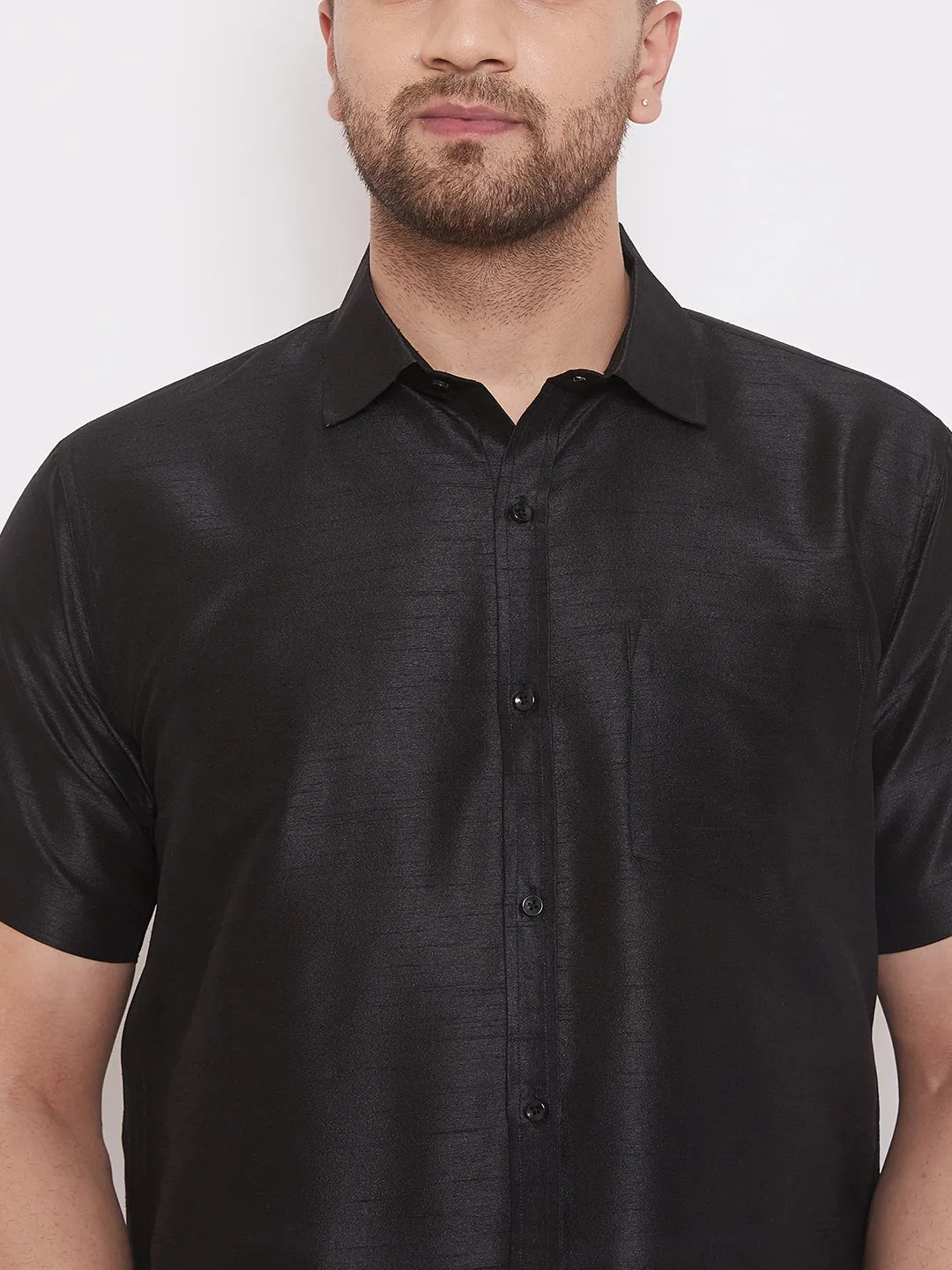 Men's Black And White Silk Blend Shirt And Mundu - Vastramay