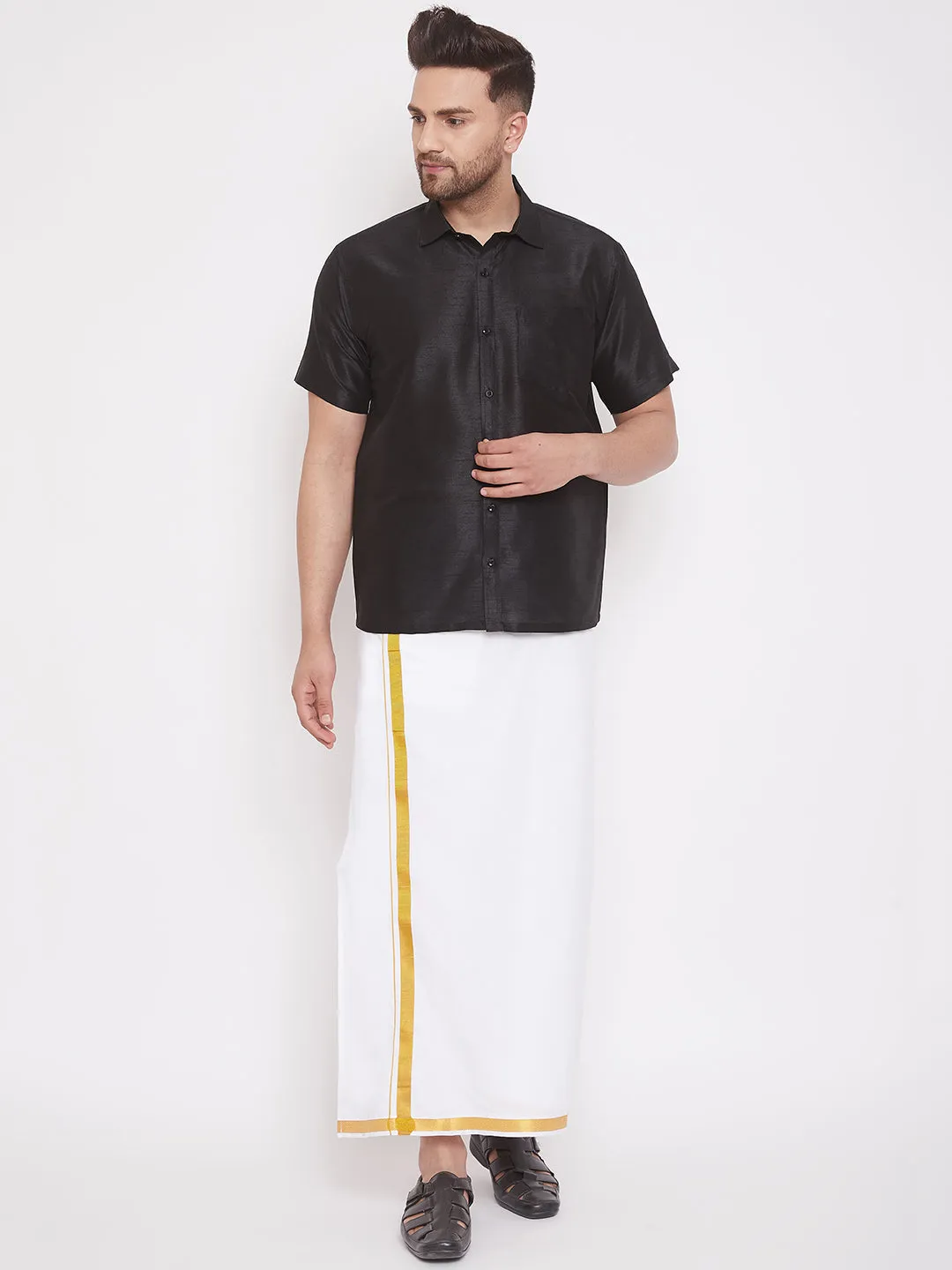 Men's Black And White Silk Blend Shirt And Mundu - Vastramay