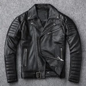 Men’s Black Biker Brando Genuine Sheepskin Café Racer Lapel Collar Retro Casual Classic Zip-Up Moto Slim Fit Leather Jacket