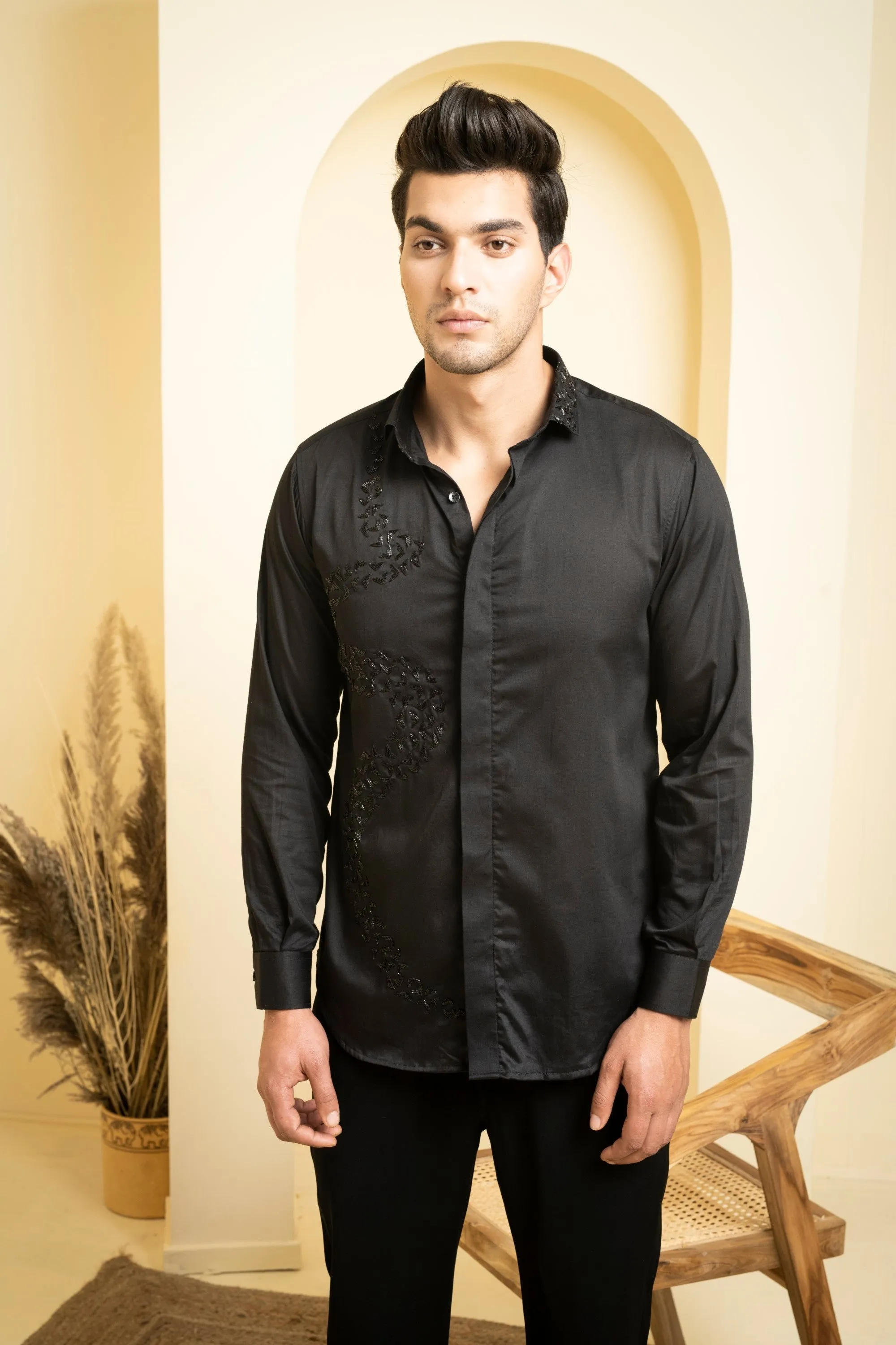 Men's Black Color Awel Full Sleeves Shirt - Hilo Design