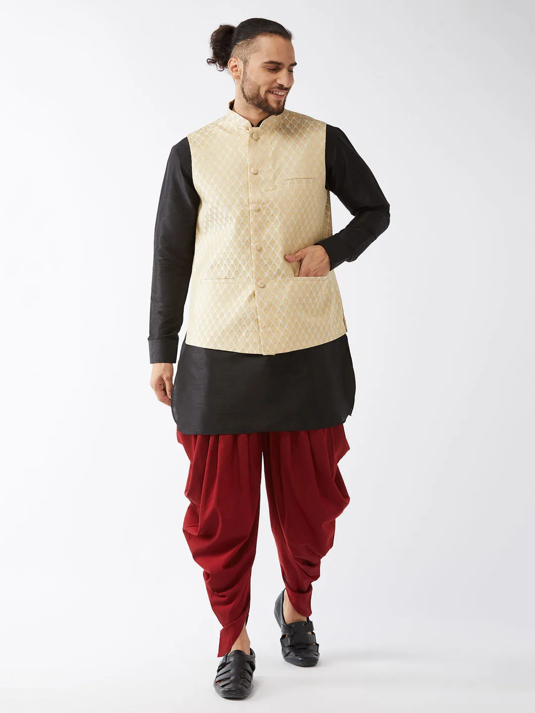 Men's Black, Cream And Maroon Silk Blend Jacket, Kurta And Dhoti Set - Vastramay