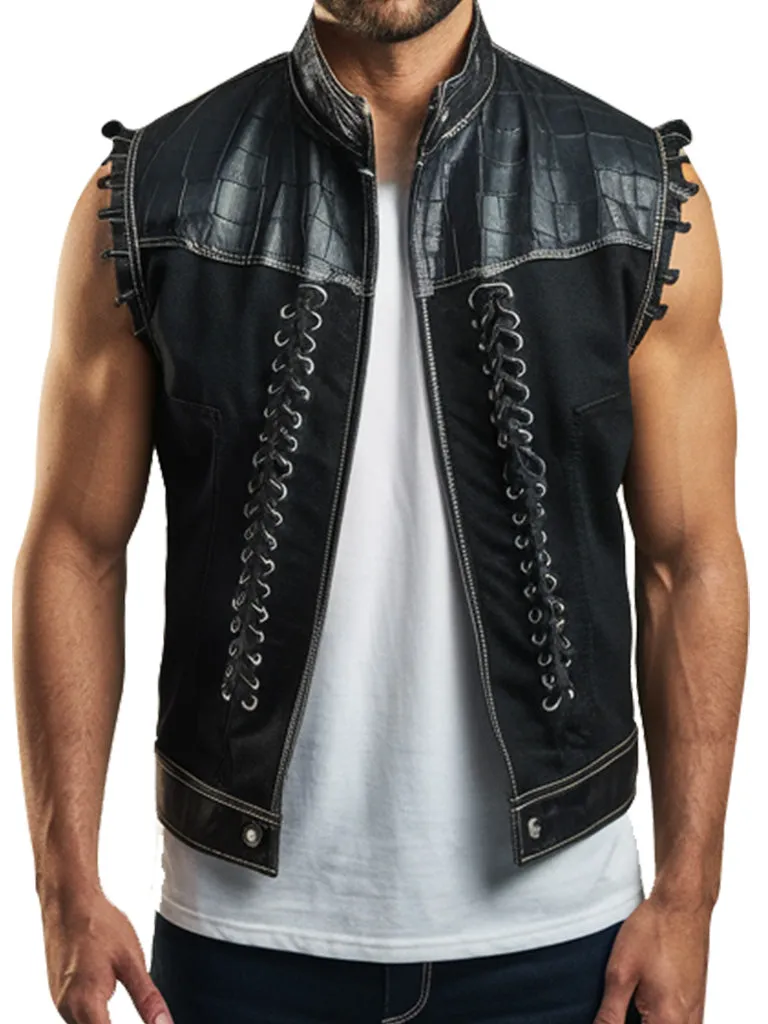 Men's Black Crocodile-Embossed Leather Panel Vest