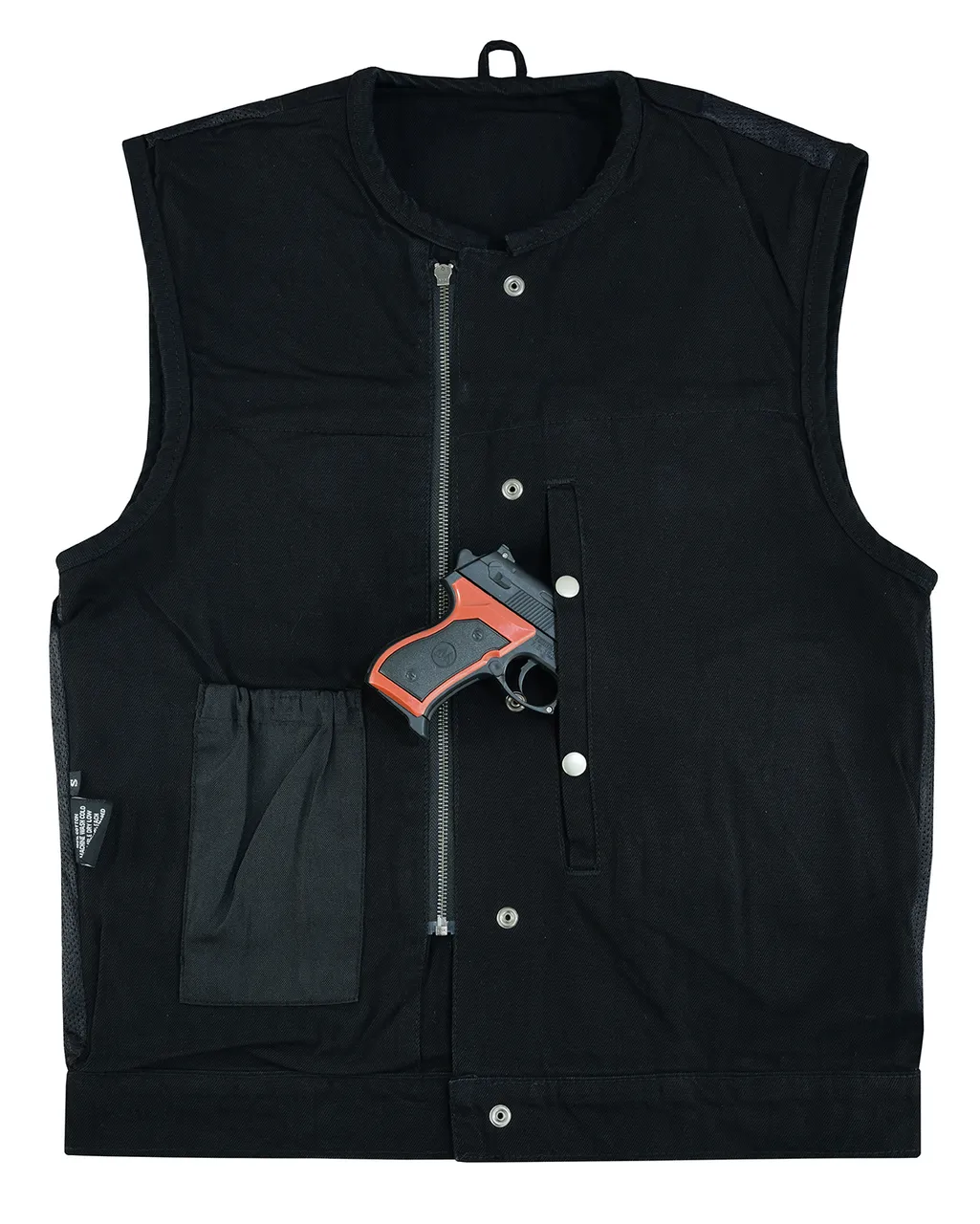 Men's Black Denim Collarless Club Vest with Conceal Carry Pockets