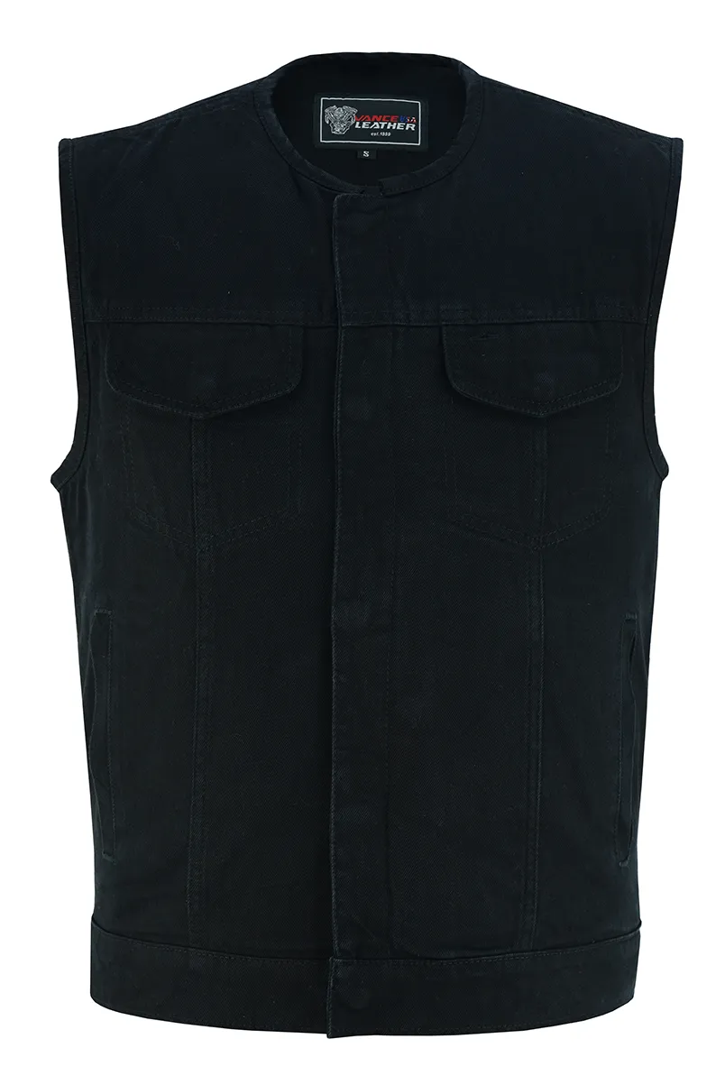 Men's Black Denim Collarless Club Vest with Conceal Carry Pockets