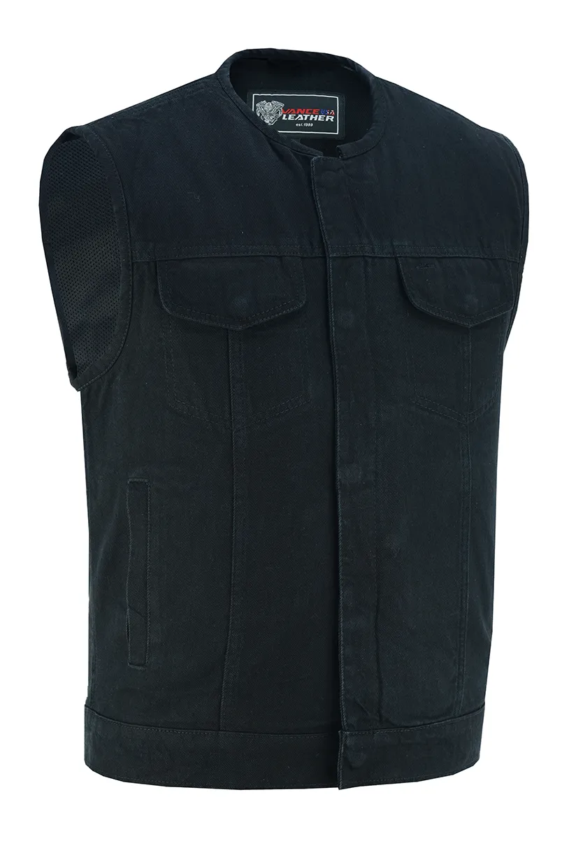 Men's Black Denim Collarless Club Vest with Conceal Carry Pockets