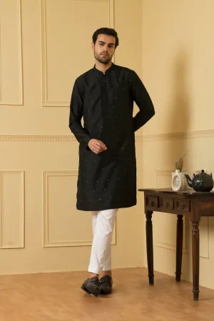 Men's Black Dot Embroidered Kurta - Hilo Design