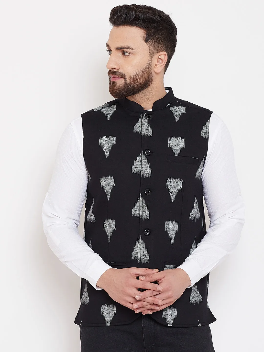 Men's Black Geometric Print Nehru Jacket  - Even Apparels