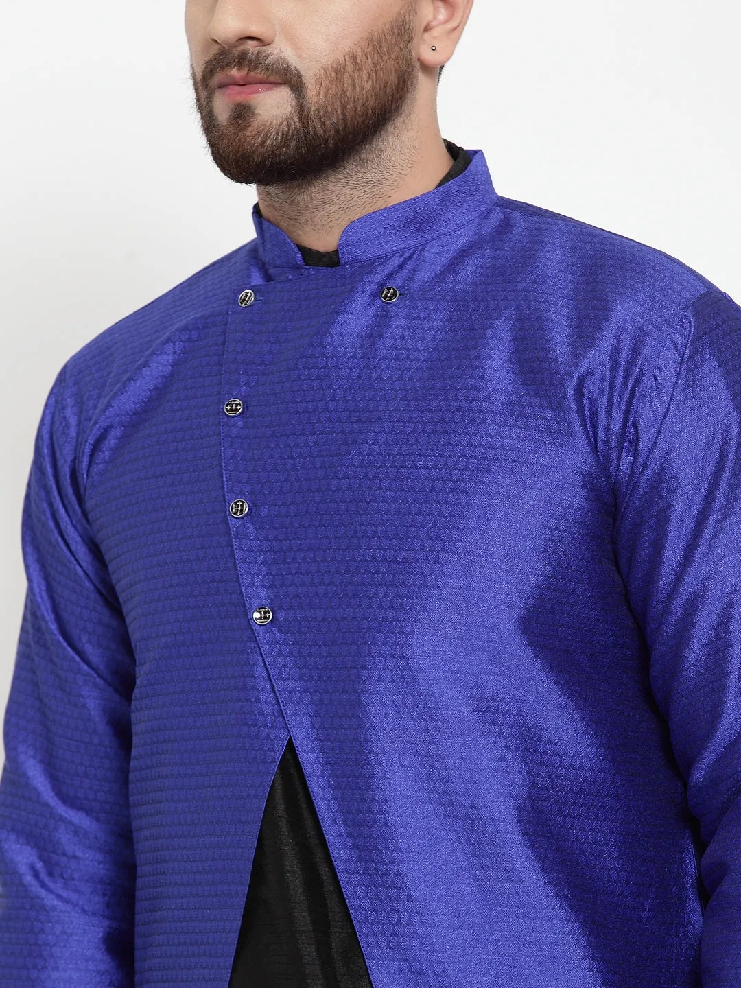 Men's Black Kurta With Pyjama & Royal Blue Self Design Jacket - Benstoke