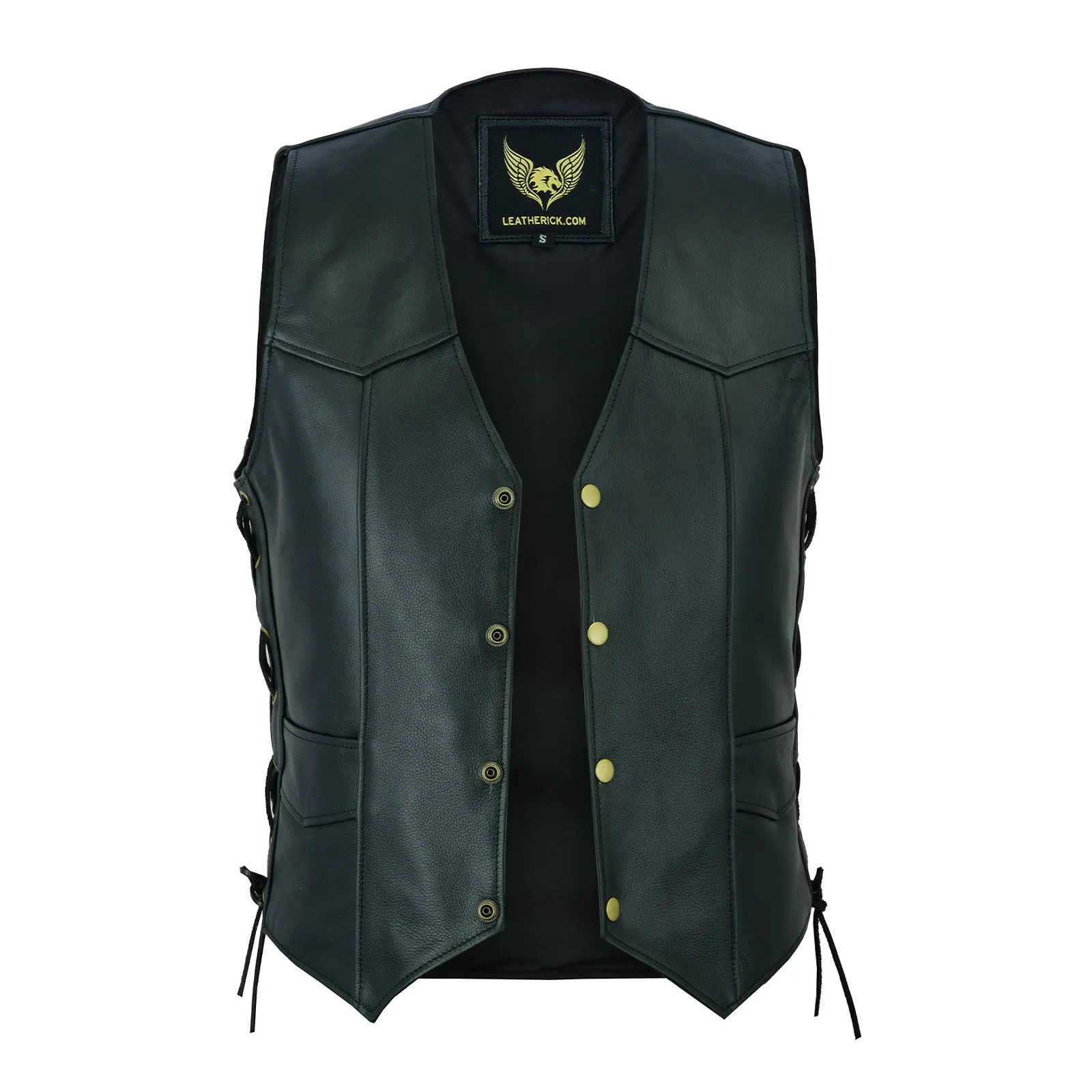 Men's Black Leather Classic Motorcycle Vest with Side Laces