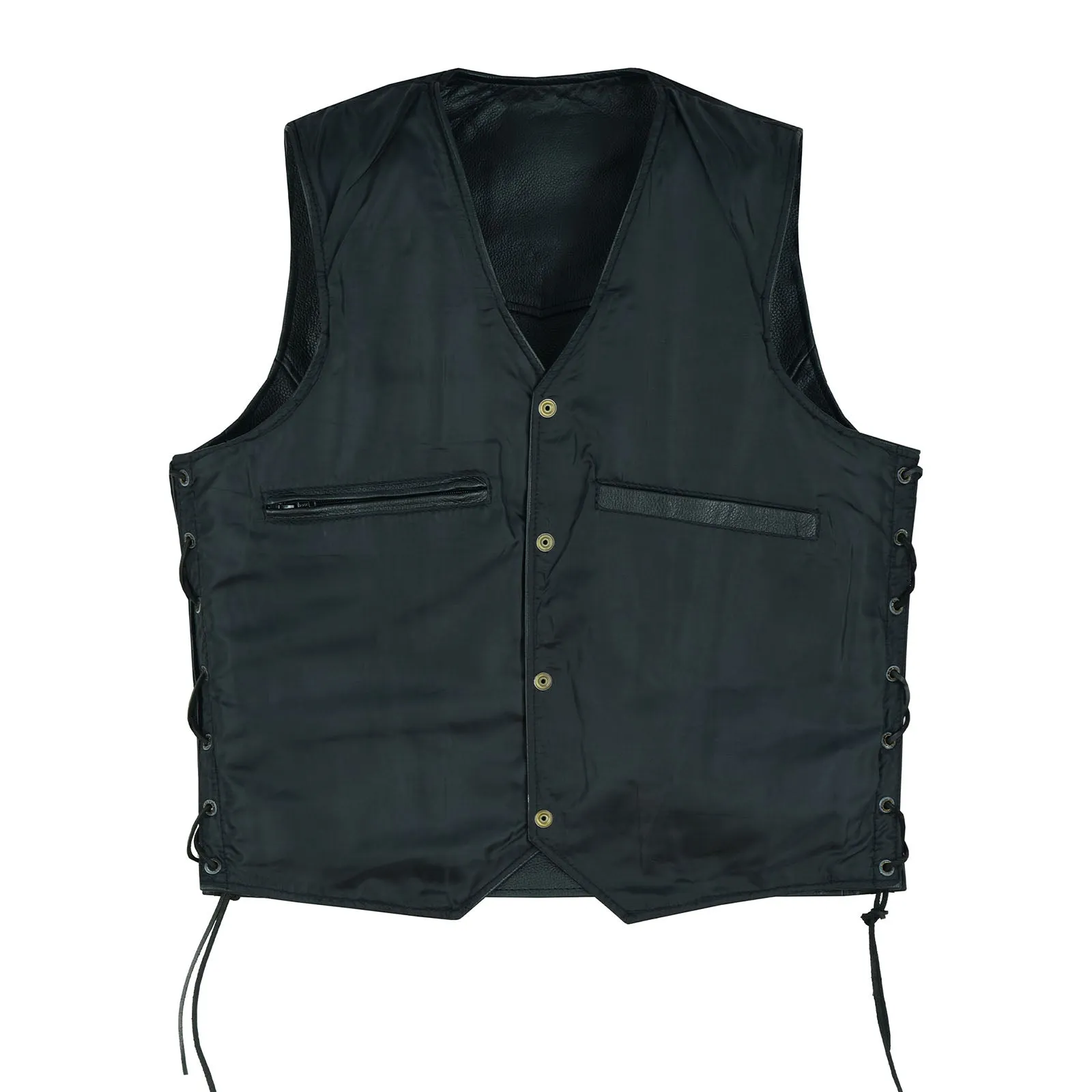 Men's Black Leather Classic Motorcycle Vest with Side Laces