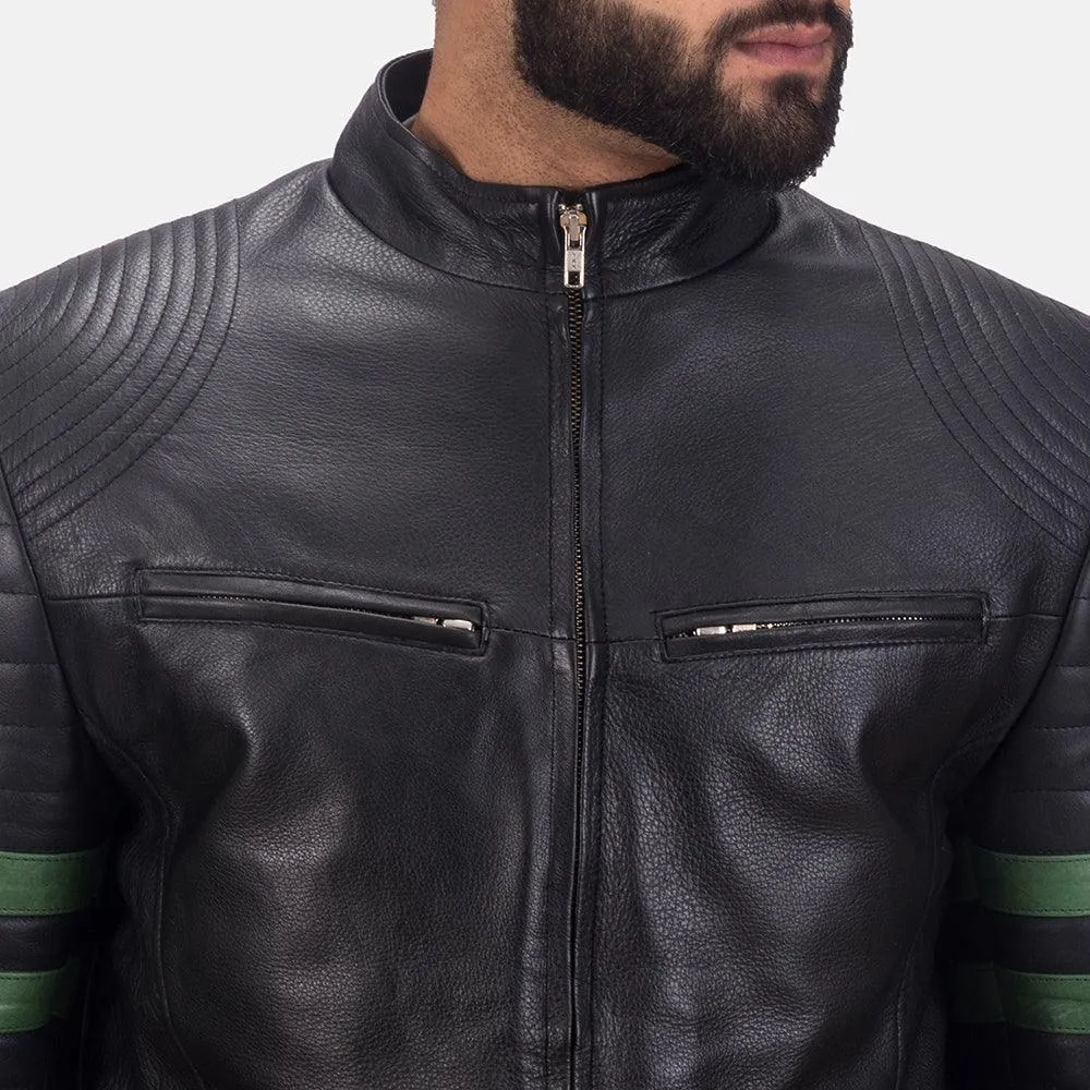 Mens Black Leather Jacket with Green Stripes