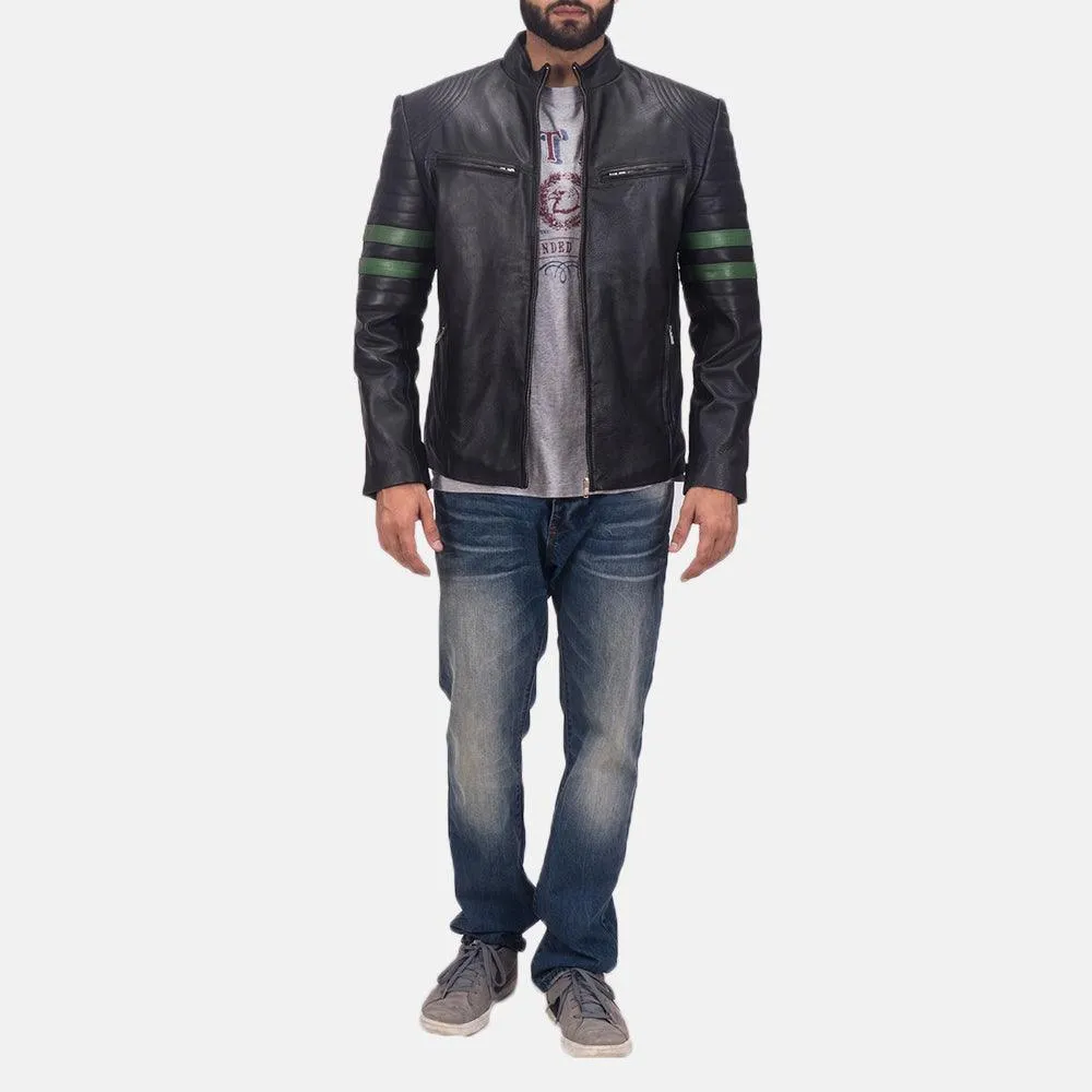 Mens Black Leather Jacket with Green Stripes