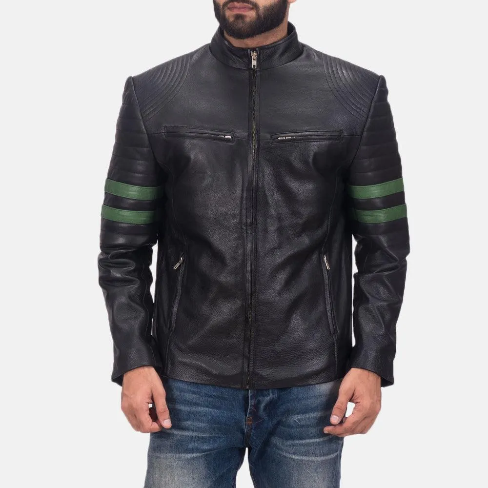 Mens Black Leather Jacket with Green Stripes