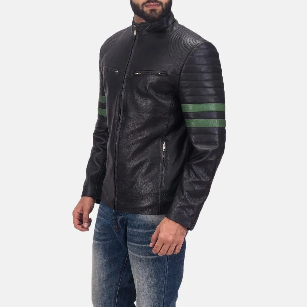 Mens Black Leather Jacket with Green Stripes