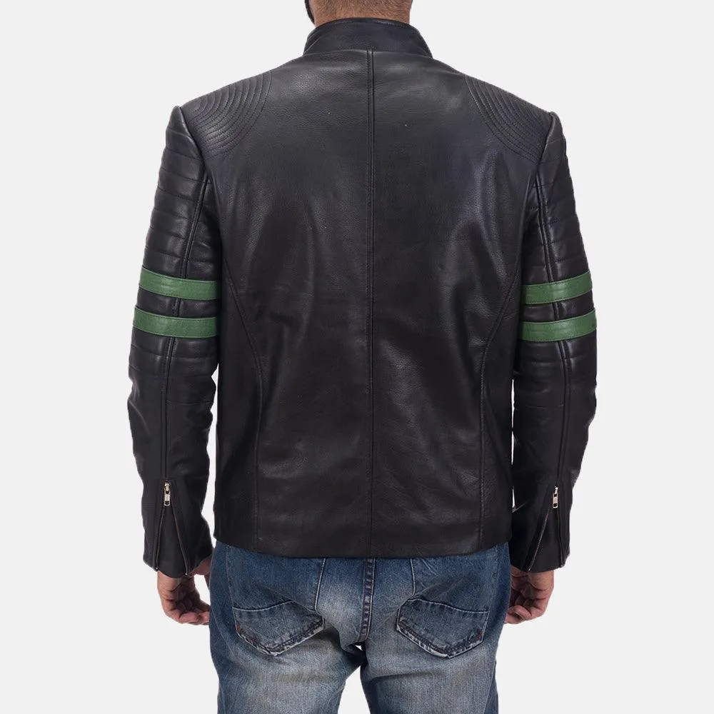 Mens Black Leather Jacket with Green Stripes