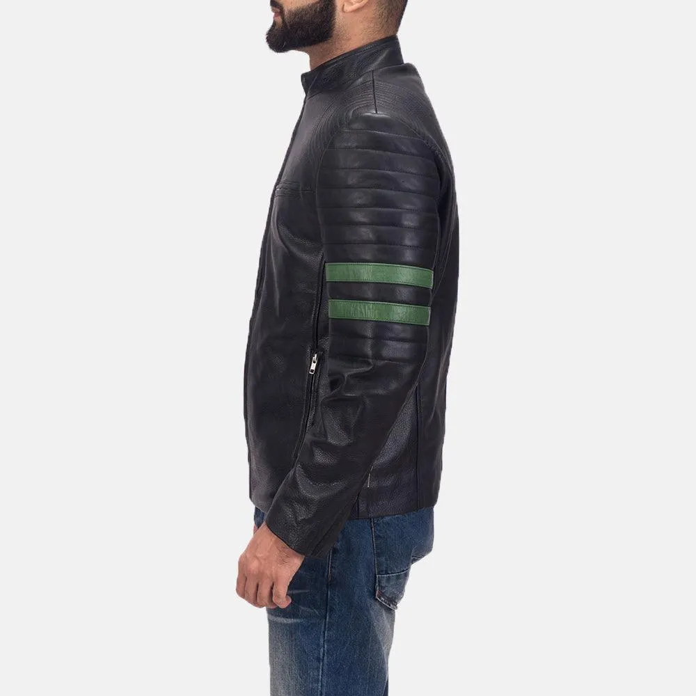 Mens Black Leather Jacket with Green Stripes