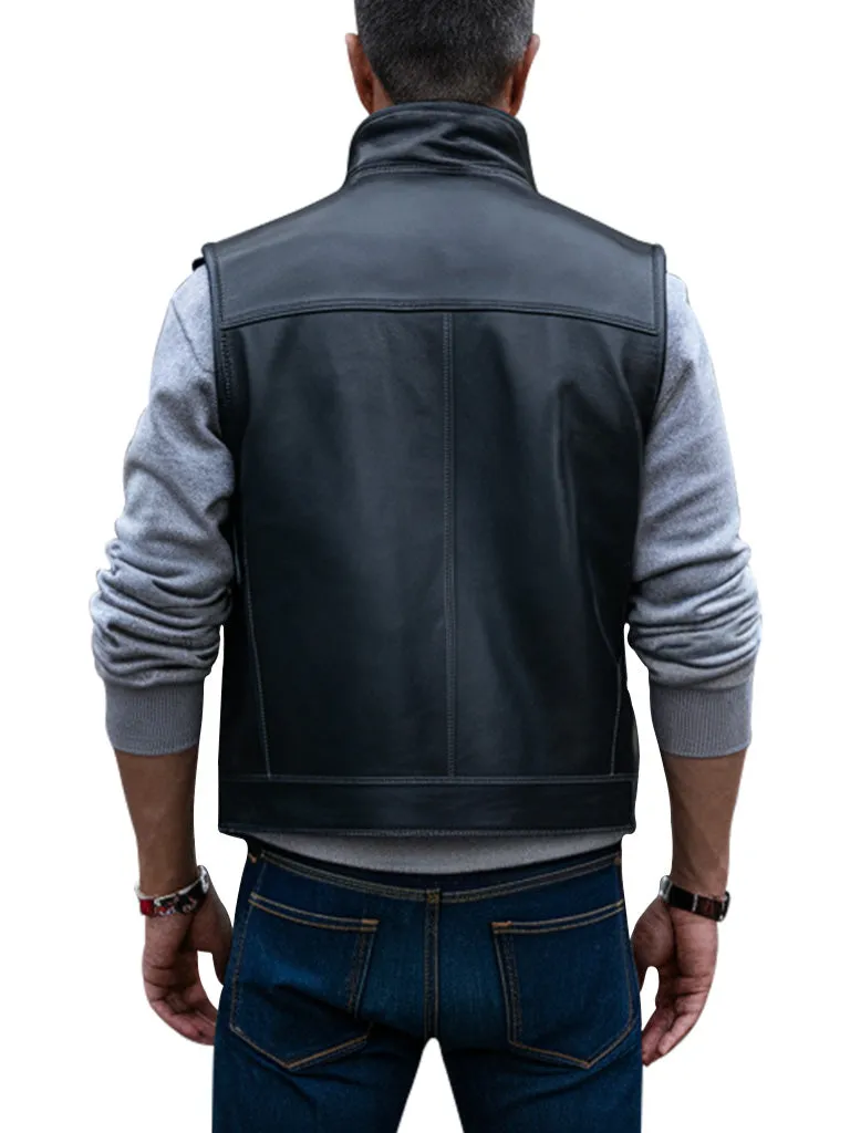 Men's Black Leather Utility Vest With Multiple Pockets