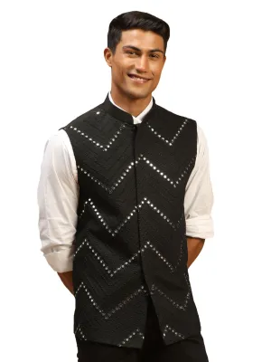 Men's Black Mirror Work Nehru Jacket - Shrestha By Vastramay